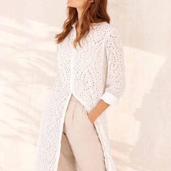 Part Two White Eyelet Broderie Anglaise Cotton Button Front Duster Dress - Picture 2 of 12